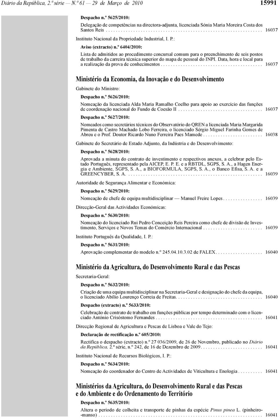 º 6404/2010: Lista de admitidos ao procedimento concursal comum para o preenchimento de seis postos de trabalho da carreira técnica superior do mapa de pessoal do INPI.