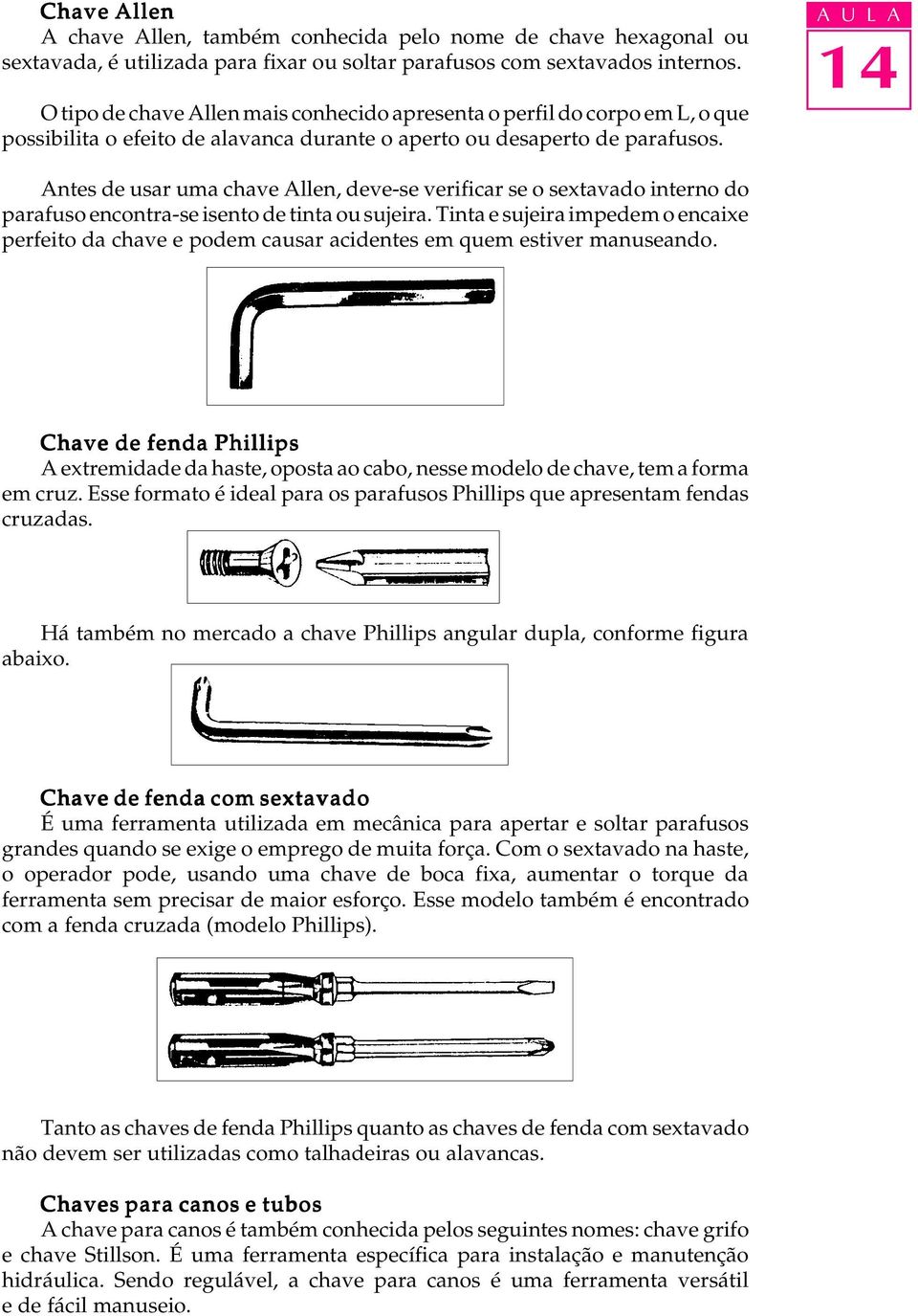 A U L A Antes de usar uma chave Allen, deve-se verificar se o sextavado interno do parafuso encontra-se isento de tinta ou sujeira.