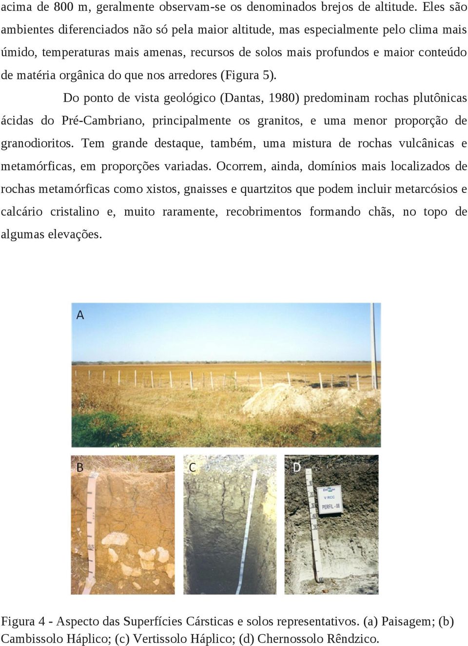 do que nos arredores (Figura 5). Do ponto de vista geológico (Dantas, 1980) predominam rochas plutônicas ácidas do Pré-Cambriano, principalmente os granitos, e uma menor proporção de granodioritos.