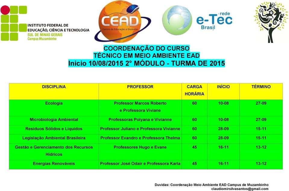 10-08 27-09 Resíduos Sólidos e Líquidos Professor Juliano e Professora Vivianne 60 28-09 15-11 Professor Evandro e Professora Thelma 60