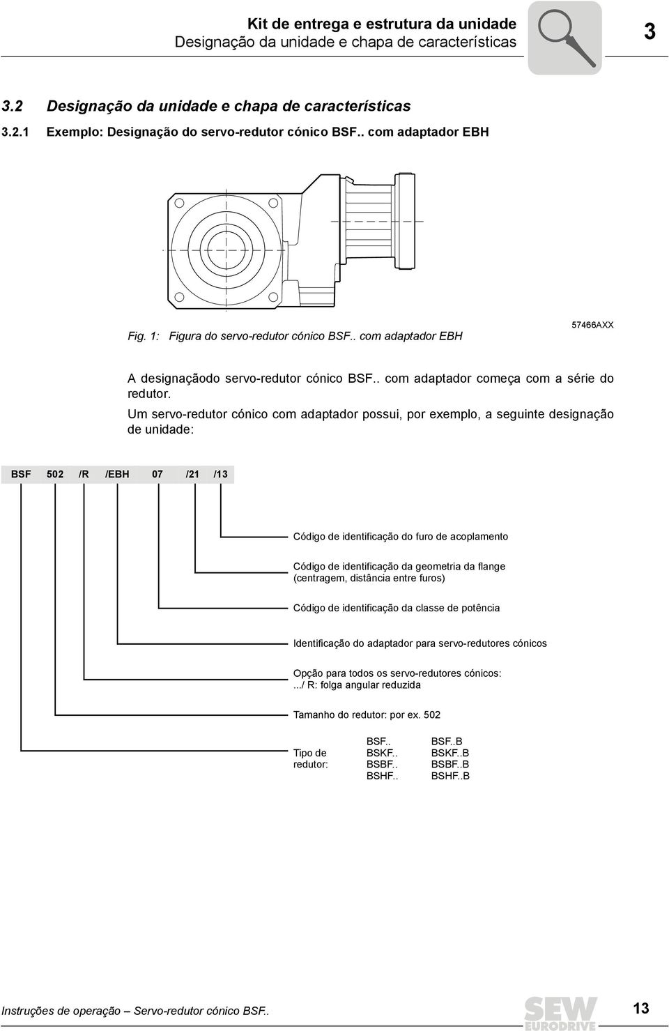 Um servo-redutor cónico com adaptador possui, por exemplo, a seguinte designação de unidade: BSF 502 /R /EBH 07 /21 /13 Código de identificação do furo de acoplamento Código de identificação da