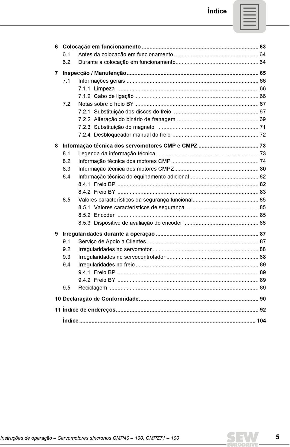 . Desbloqueador manual do freio... 7 8 Informação técnica dos servomotores CMP e CMPZ... 7 8. Legenda da informação técnica... 7 8. Informação técnica dos motores CMP... 7 8. Informação técnica dos motores CMPZ.