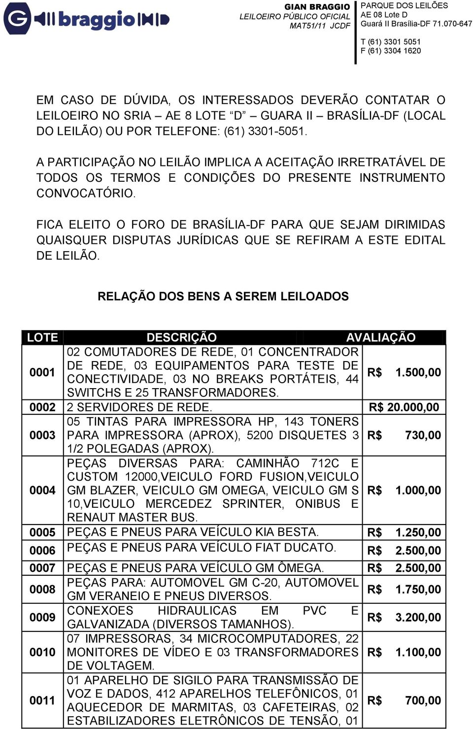 FICA ELEITO O FORO DE BRASÍLIA-DF PARA QUE SEJAM DIRIMIDAS QUAISQUER DISPUTAS JURÍDICAS QUE SE REFIRAM A ESTE EDITAL DE LEILÃO.