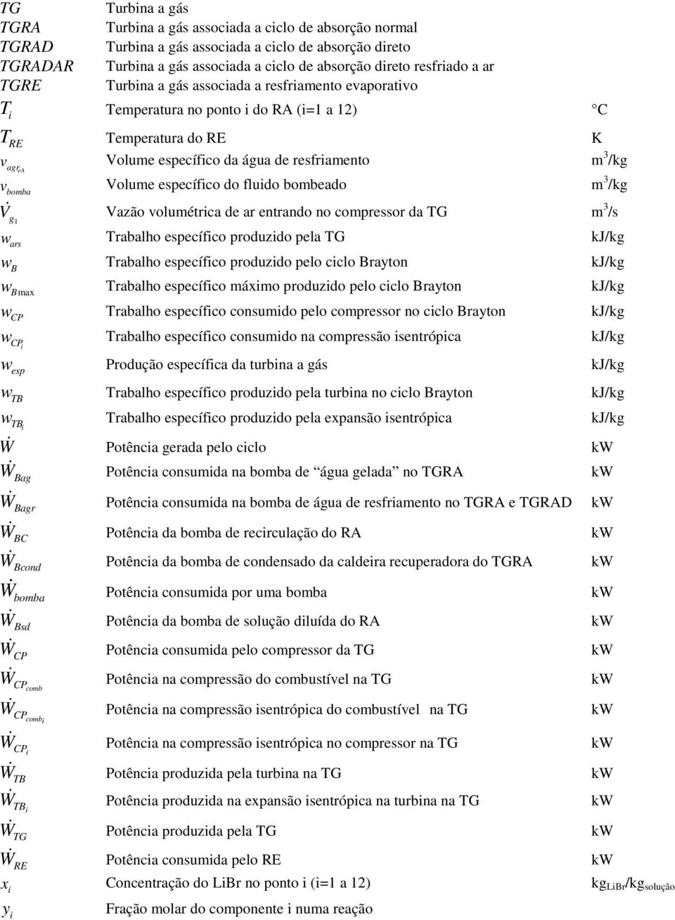 Volume específico do fluido bombeado m 3 /kg V & g 1 Vazão volumétrica de ar entrando no compressor da TG m 3 /s w ars Trabalho específico produzido pela TG kj/kg w B Trabalho específico produzido