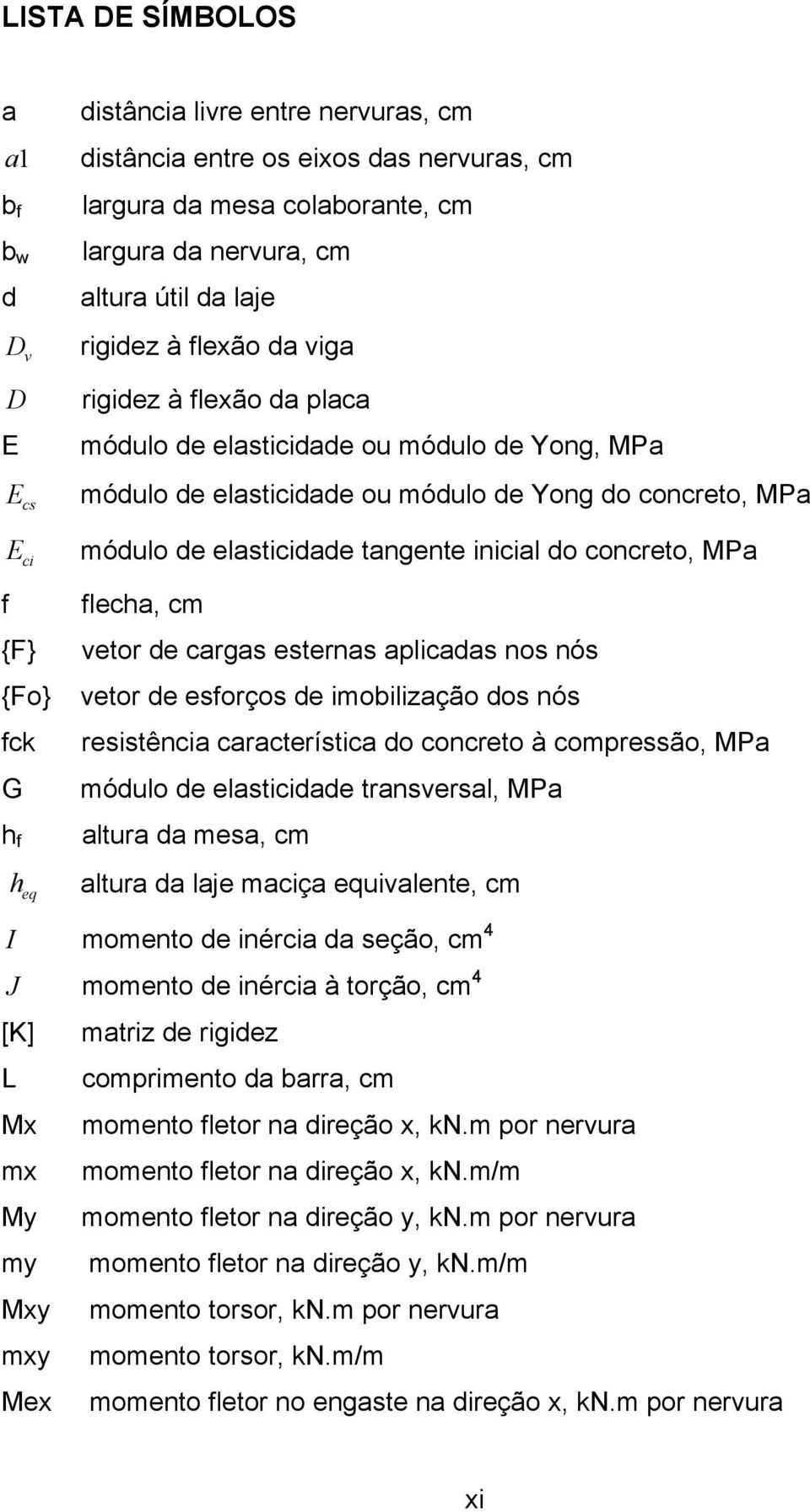 elasticidade tangente inicial do concreto, MPa flecha, cm vetor de cargas esternas aplicadas nos nós vetor de esforços de imobilização dos nós resistência característica do concreto à compressão, MPa