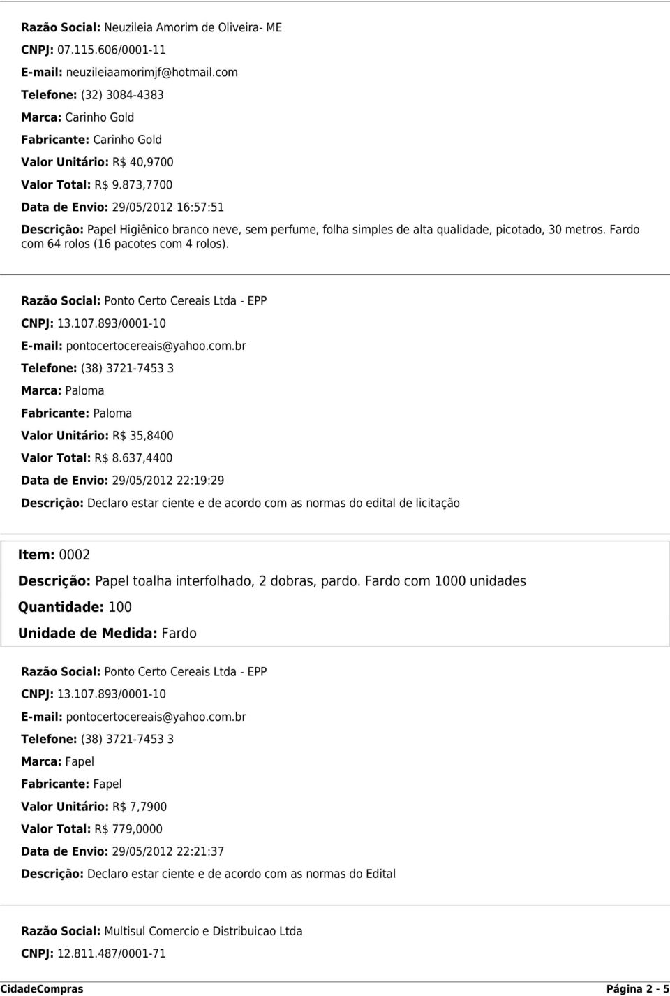 637,4400 Data de Envio: 29/05/2012 22:19:29 Descrição: Declaro estar ciente e de acordo com as normas do edital de licitação Item: 0002 Quantidade: 100 Unidade de Medida: