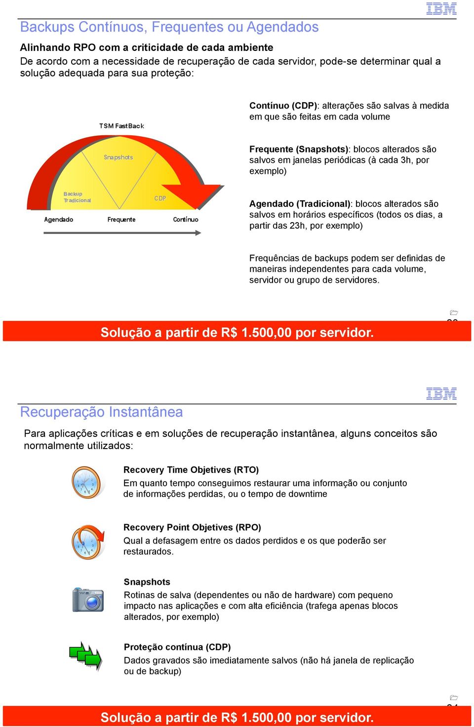 Agendado (Tradicional): blocos alterados são salvos em horários específicos (todos os dias, a partir das 23h, por exemplo) Frequências de backups podem ser definidas de maneiras independentes para