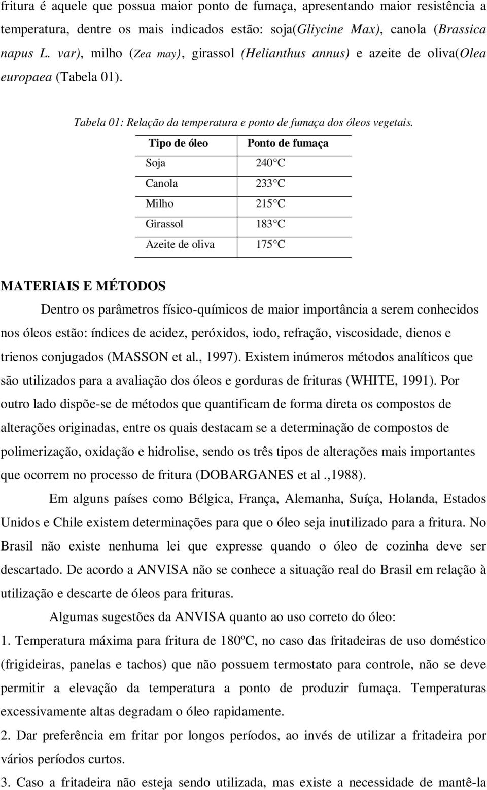 Tipo de óleo Ponto de fumaça Soja 240 C Canola 233 C Milho 215 C Girassol 183 C Azeite de oliva 175 C MATERIAIS E MÉTODOS Dentro os parâmetros físico-químicos de maior importância a serem conhecidos