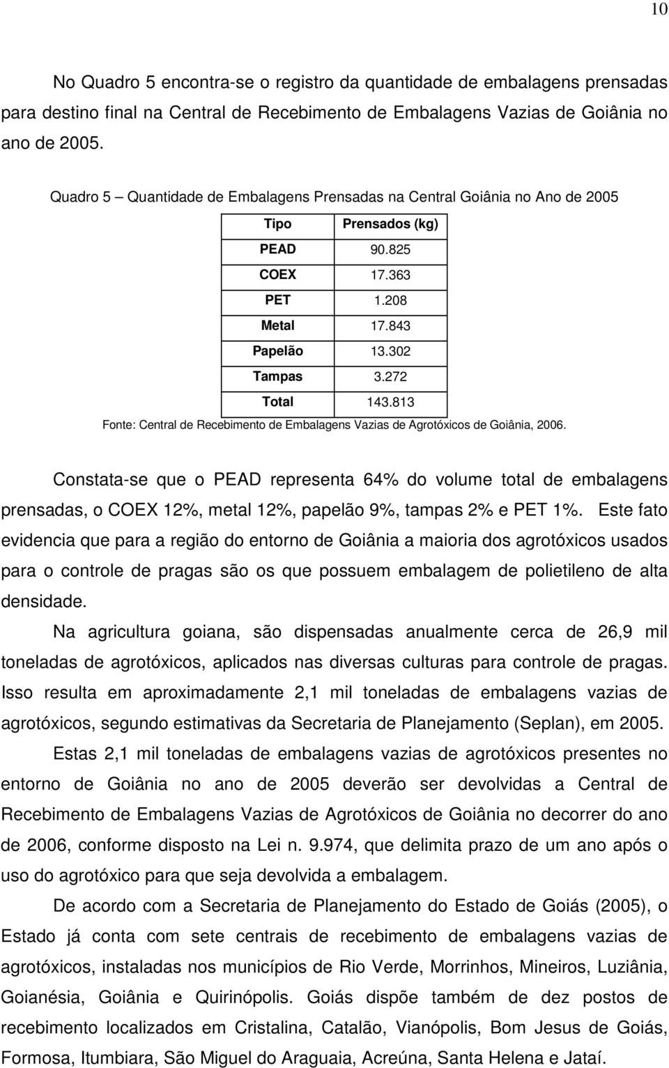 813 Fonte: Central de Recebimento de Embalagens Vazias de Agrotóxicos de Goiânia, 2006.