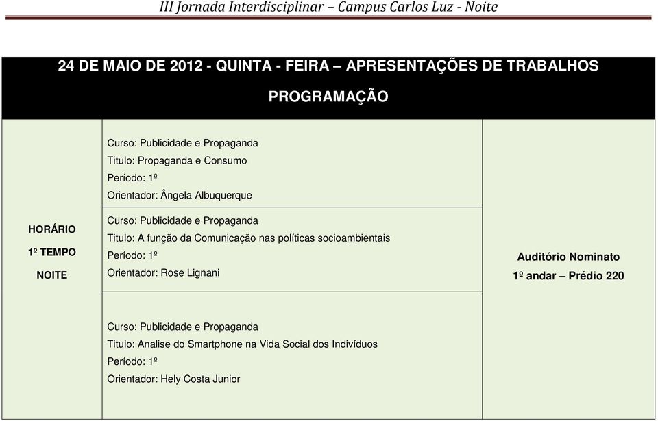 da Comunicação nas políticas socioambientais Orientador: Rose Lignani Auditório Nominato 1º andar Prédio 220