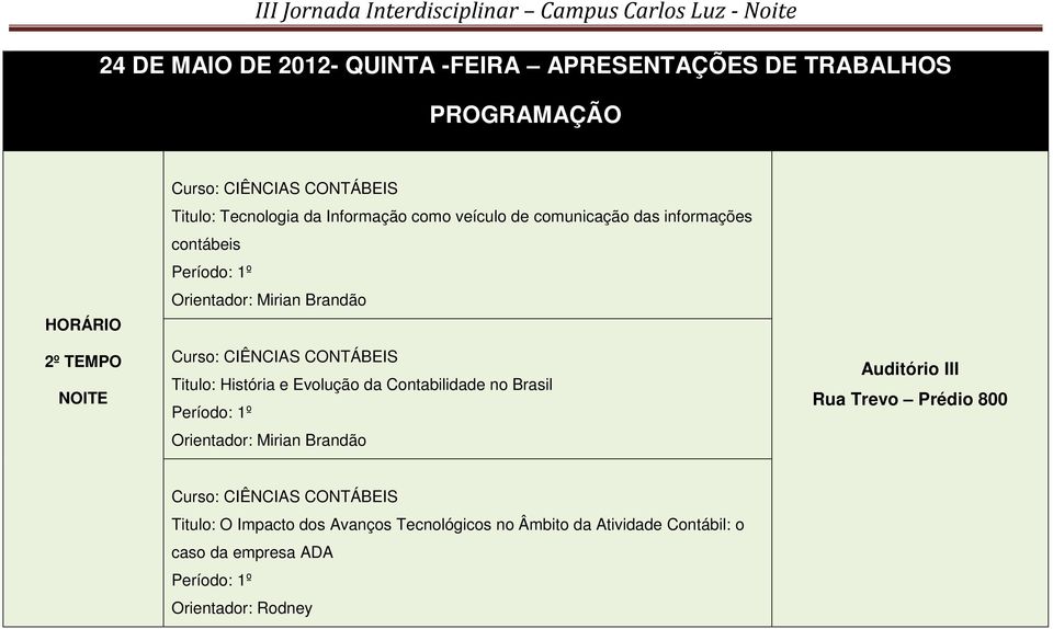 Titulo: História e Evolução da Contabilidade no Brasil Orientador: Mirian Brandão Auditório III Rua Trevo Prédio 800 Curso: