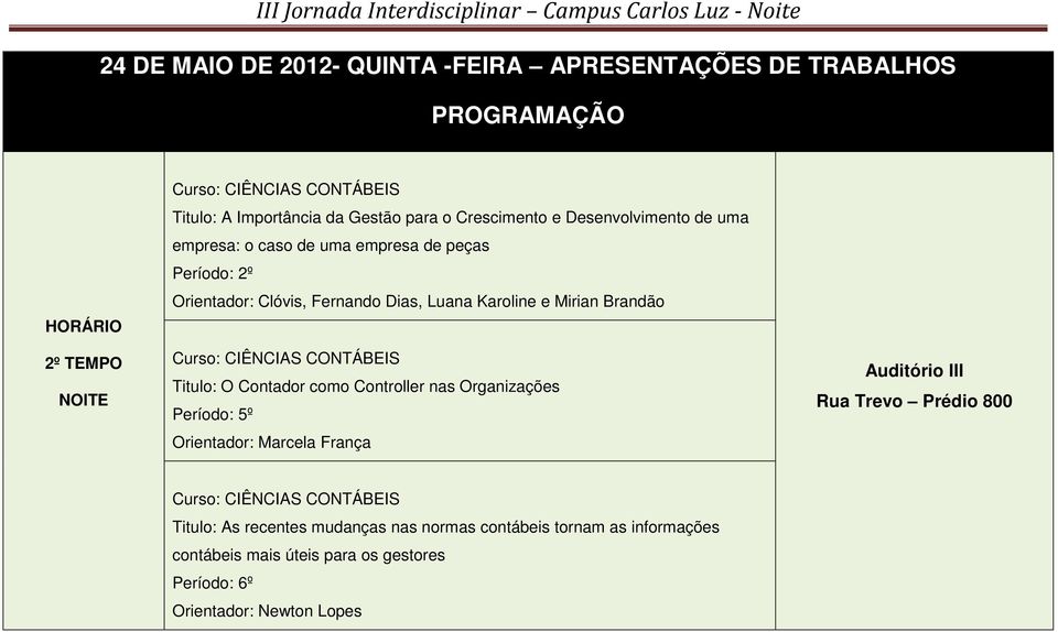 CIÊNCIAS CONTÁBEIS Titulo: O Contador como Controller nas Organizações Período: 5º Orientador: Marcela França Auditório III Rua Trevo Prédio 800 Curso: