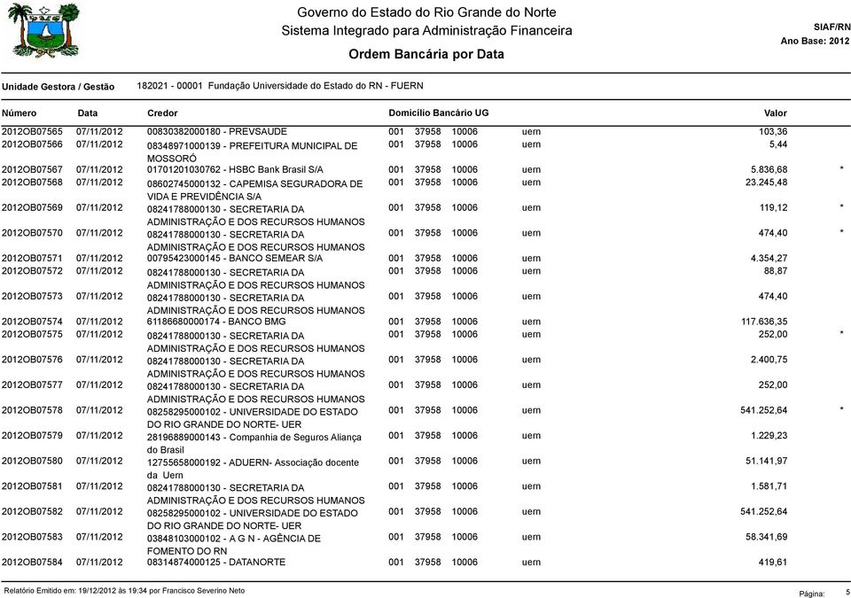 245,48 VIDA E PREVIDÊNCIA S/A 2012OB07569 07/11/2012 08241788000130 - SECRETARIA DA 119,12 * ADMINISTRAÇÃO E DOS RECURSOS HUMANOS 2012OB07570 07/11/2012 08241788000130 - SECRETARIA DA 474,40 *