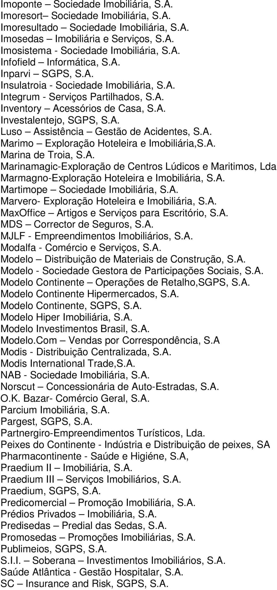 A. Marimo Exploração Hoteleira e Imobiliária,S.A. Marina de Troia, S.A. Marinamagic-Exploração de Centros Lúdicos e Maritimos, Lda Marmagno-Exploração Hoteleira e Imobiliária, S.A. Martimope Sociedade Imobiliária, S.