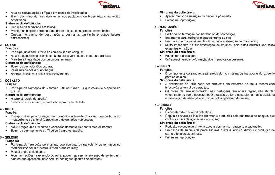 Atua no combate da anemia causada pelas verminoses e outros parasitos; Mantém a integridade dos pelos dos animais; Bezerros com diarréias escuras; Pêlos arrepiados e quebradiços; Anemia, fraqueza e