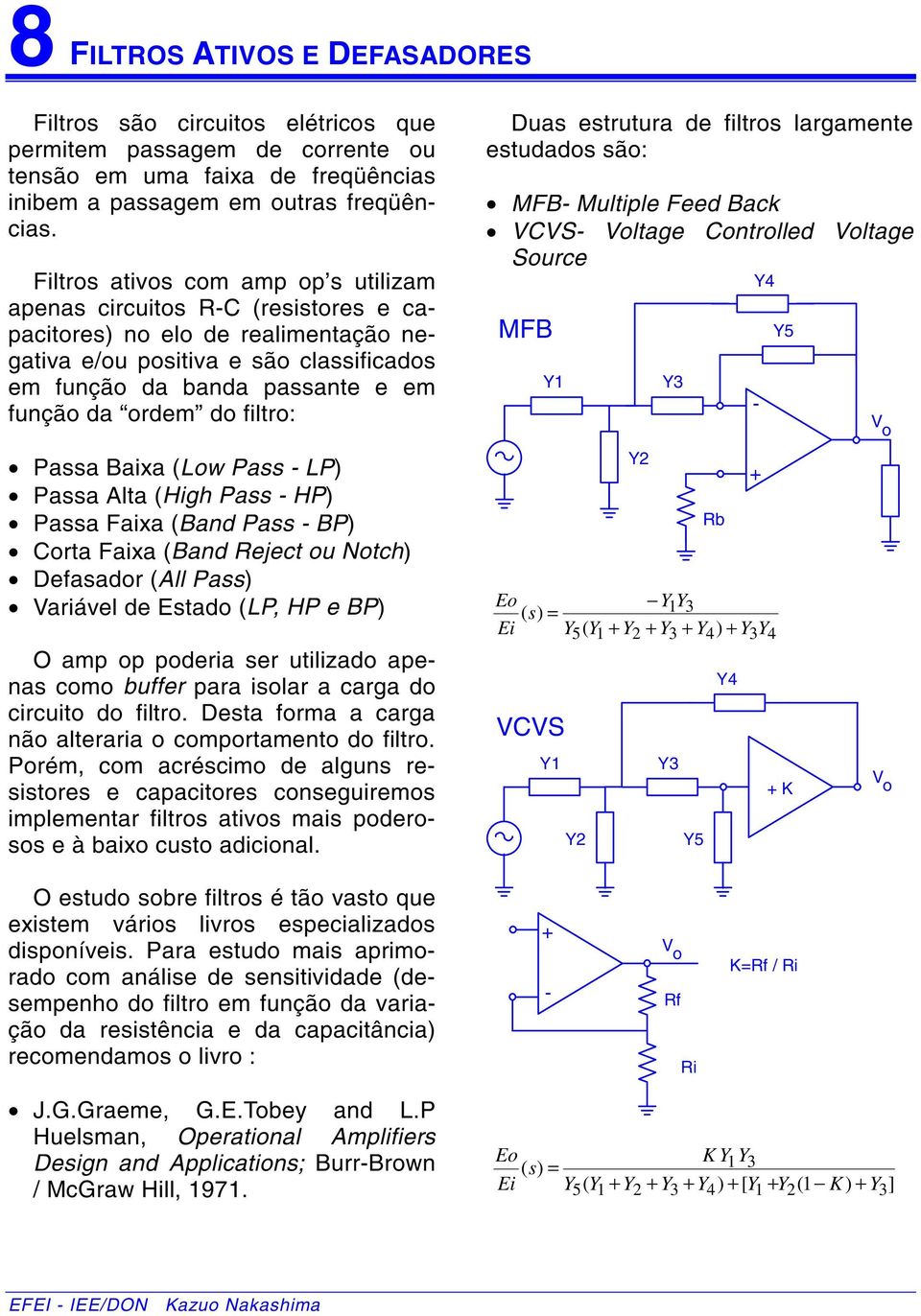 estrutura de filtrs largamente estudads sã: MFB Multiple Feed Back VVS Vltage ntrlled Vltage Surce MFB Y Y3 Y4 Y Passa Baixa (Lw Pass LP) Passa Alta (High Pass HP) Passa Faixa (Band Pass BP) rta