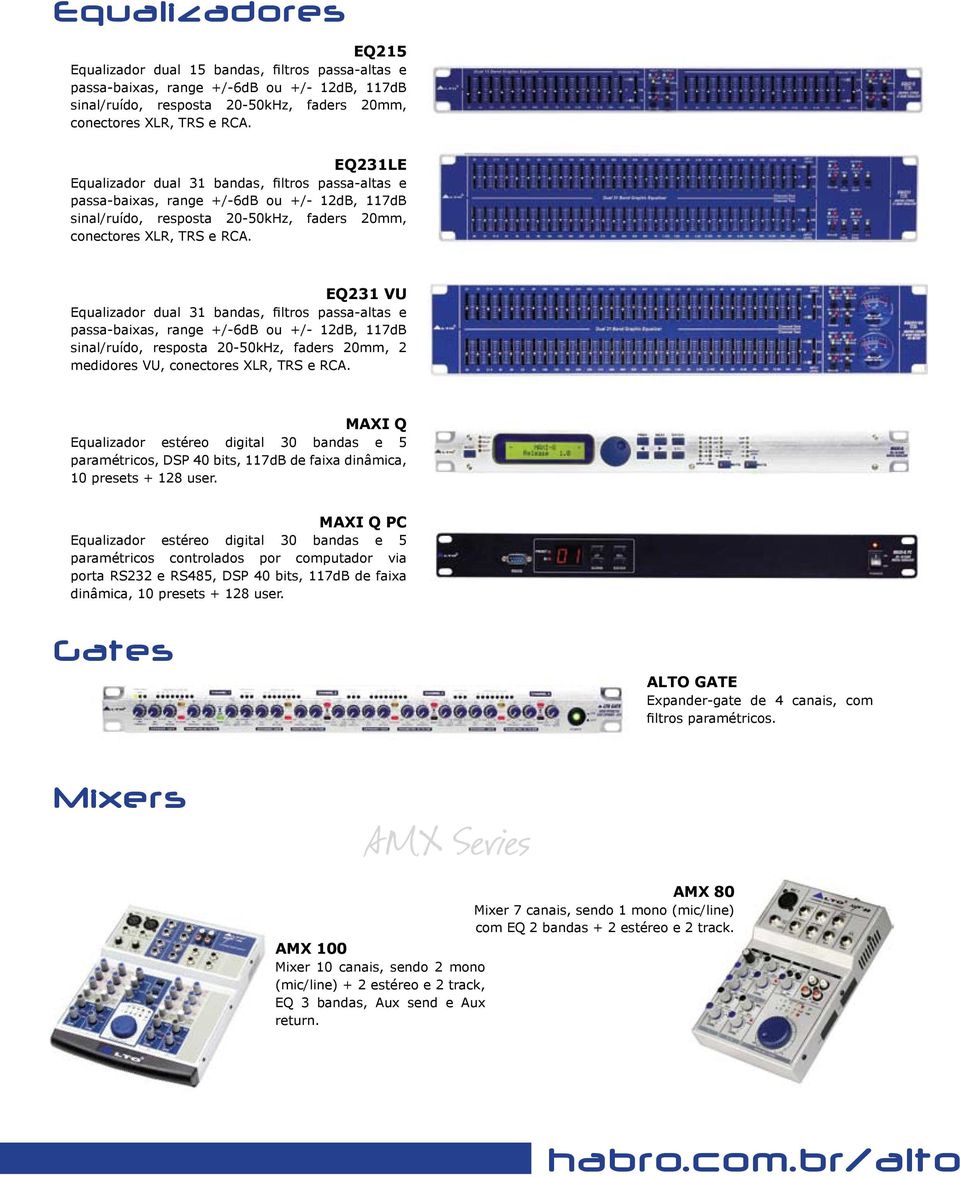 EQ231 VU Equalizador dual 31 bandas, filtros passa-altas e passa-baixas, range +/-6dB ou +/- 12dB, 117dB sinal/ruído, resposta 20-50kHz, faders 20mm, 2 medidores VU, conectores XLR, TRS e RCA.