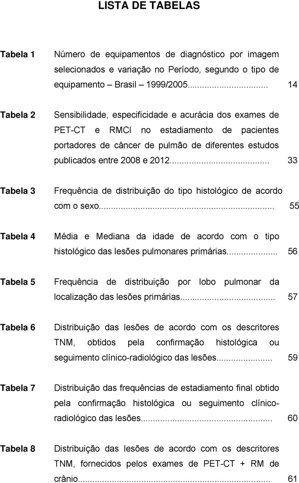 .. 33 Tabela 3 Frequência de distribuição do tipo histológico de acordo com o sexo... 55 Tabela 4 Média e Mediana da idade de acordo com o tipo histológico das lesões pulmonares primárias.