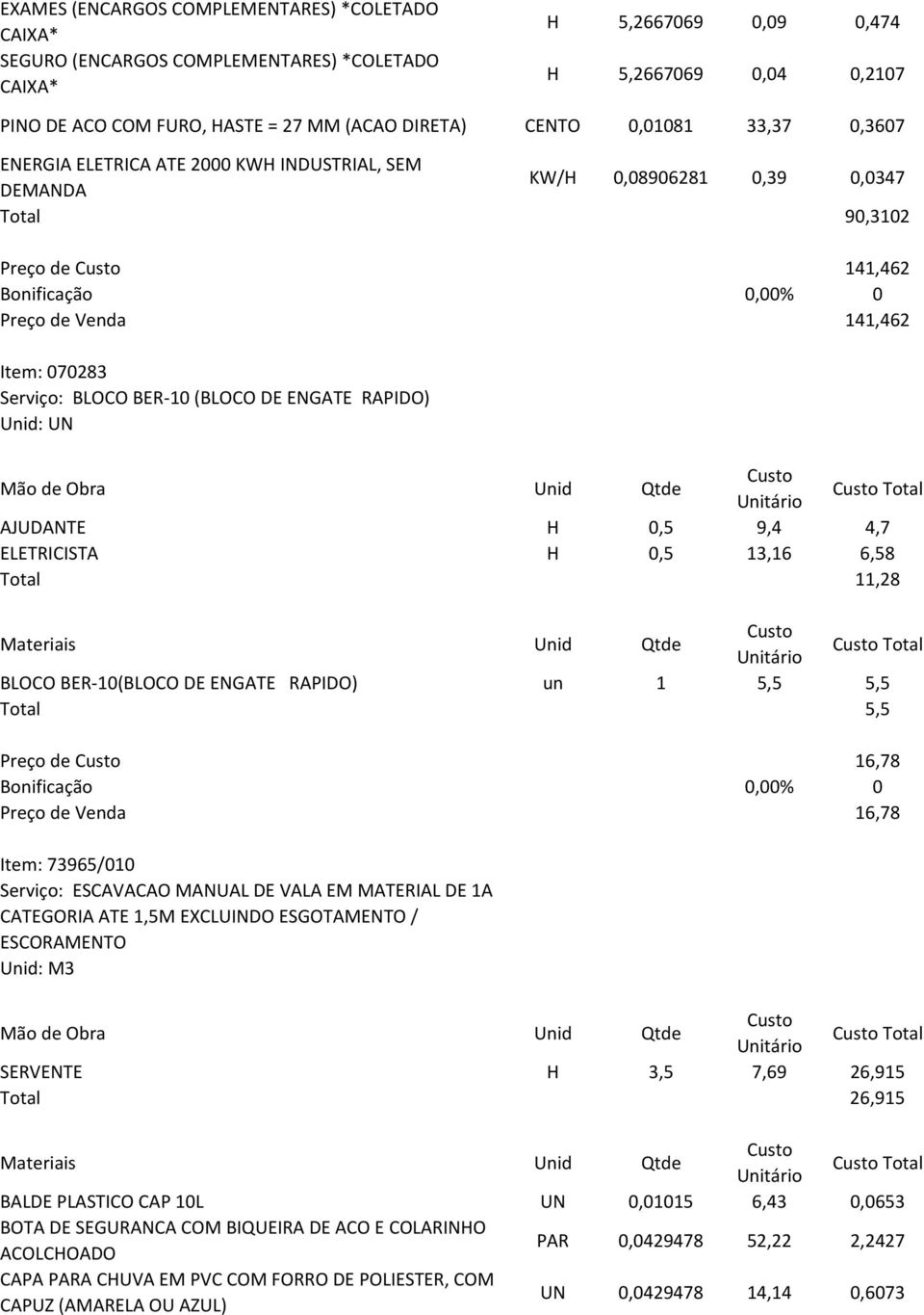 Total 11,28 Total BLOCO BER-10(BLOCO DE ENGATE RAPIDO) un 1 5,5 5,5 Total 5,5 Preço de 16,78 Preço de Venda 16,78 Item: 73965/010 Serviço: ESCAVACAO MANUAL DE VALA EM MATERIAL DE 1A CATEGORIA ATE