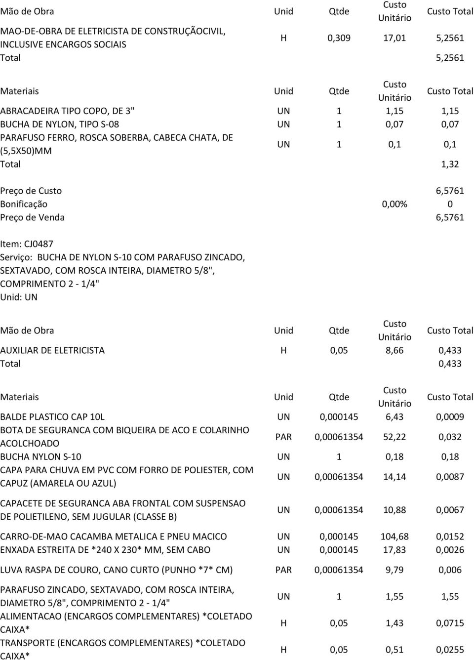 SEXTAVADO, COM ROSCA INTEIRA, DIAMETRO 5/8", COMPRIMENTO 2-1/4" Unid: UN Total AUXILIAR DE ELETRICISTA H 0,05 8,66 0,433 Total 0,433 Total BALDE PLASTICO CAP 10L UN 0,000145 6,43 0,0009 PAR