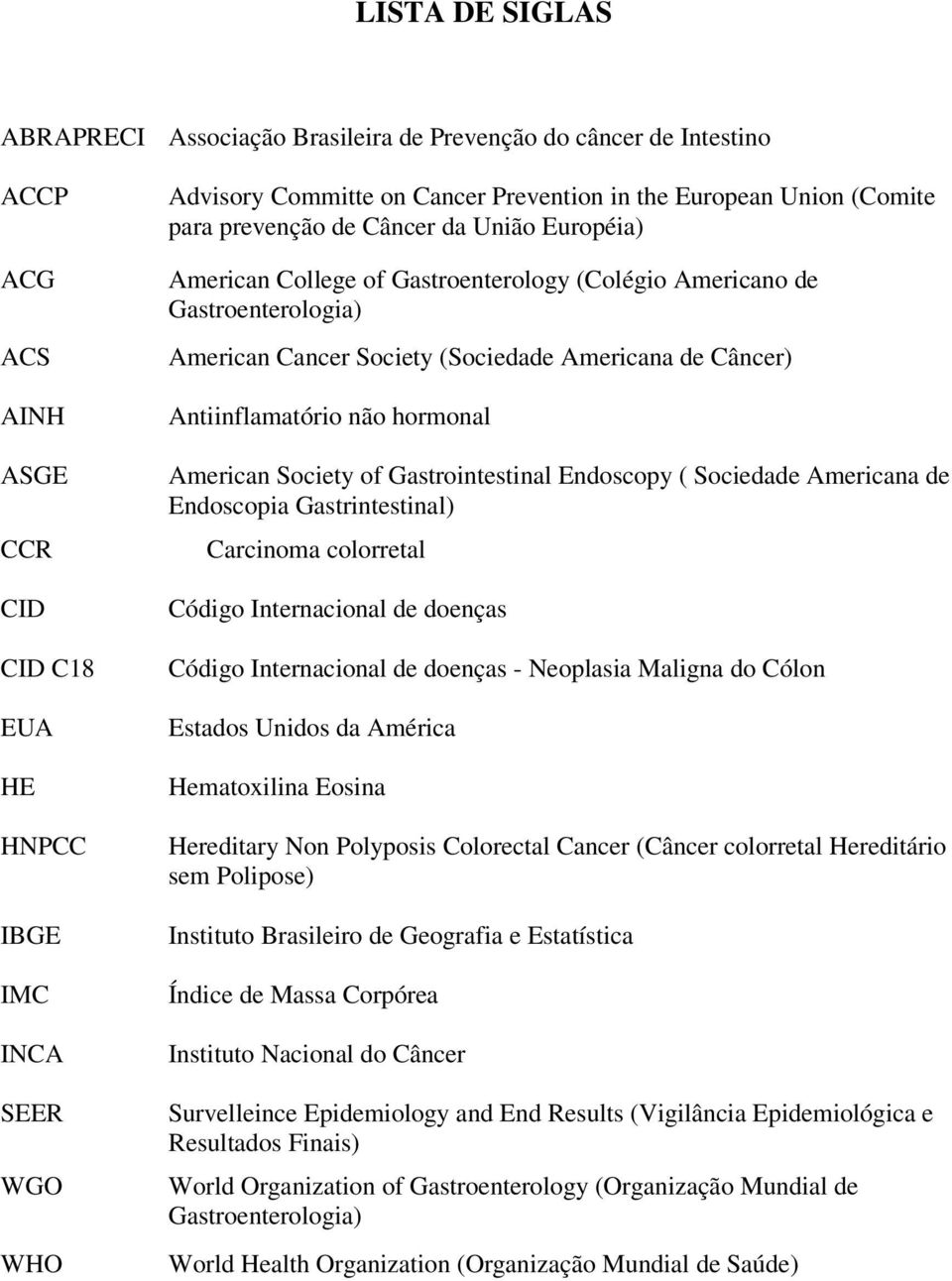 Americana de Câncer) Antiinflamatório não hormonal American Society of Gastrointestinal Endoscopy ( Sociedade Americana de Endoscopia Gastrintestinal) Carcinoma colorretal Código Internacional de