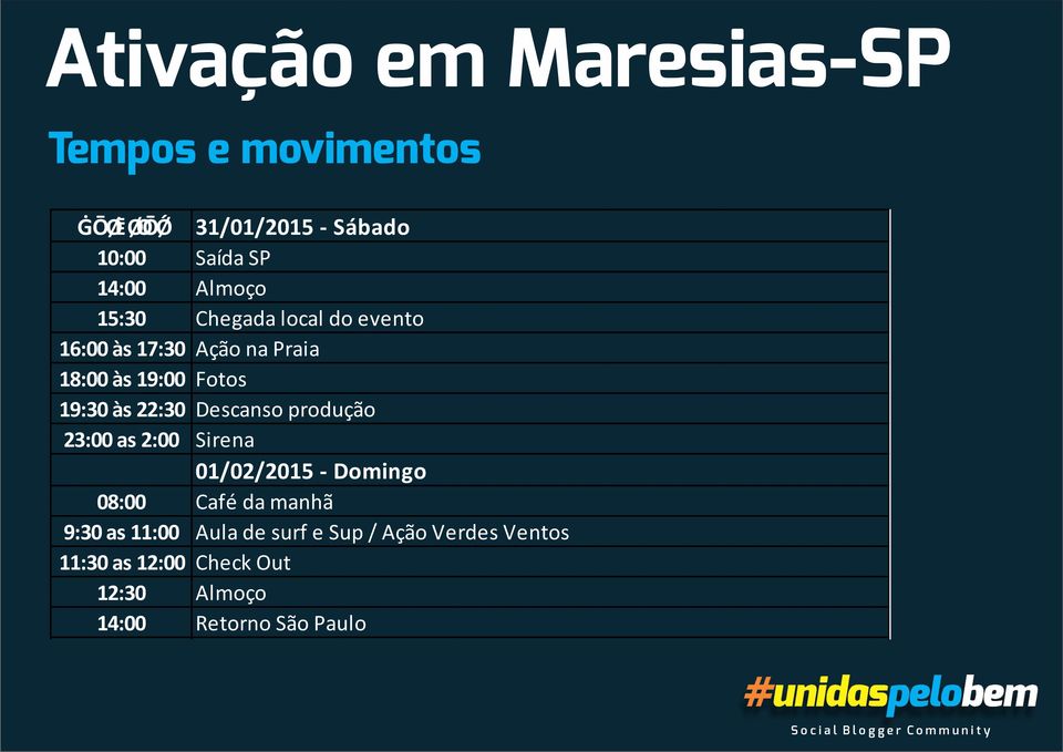 22:30 Descanso produção 23:00 as 2:00 Sirena 01/02/2015 - Domingo 08:00 Café da manhã 9:30 as