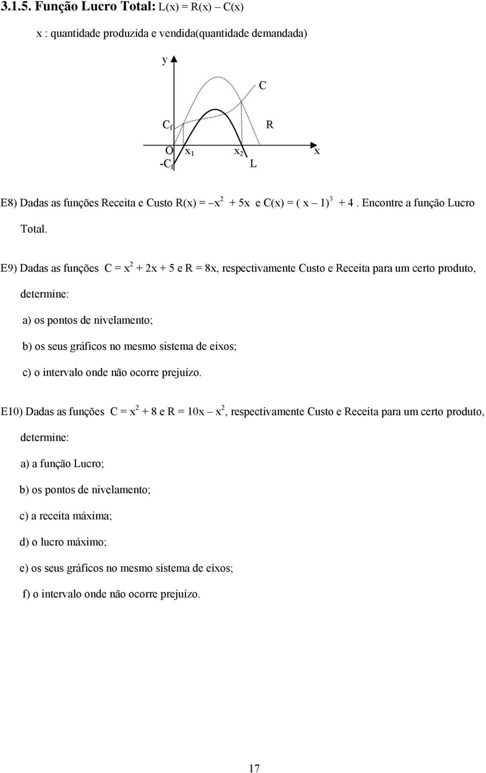 E9) Dadas as funções C = + + e R = 8, respectivamente Custo e Receita para um certo produto, determine: a) os pontos de nivelamento; b) os seus gráficos no mesmo sistema de