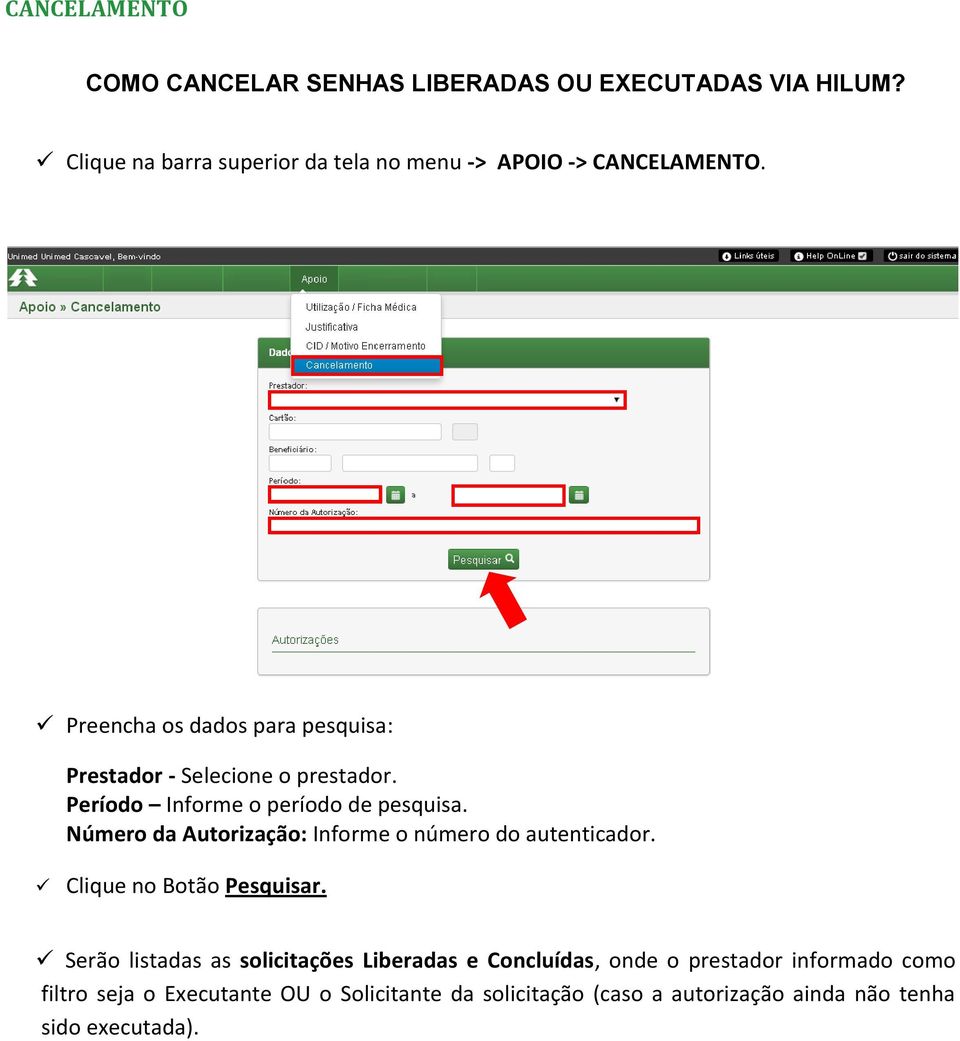 Preencha os dados para pesquisa: Prestador - Selecione o prestador. Período Informe o período de pesquisa.