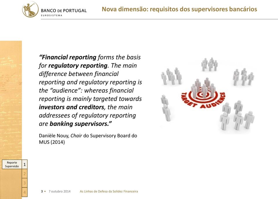 is mainly targeted towards investors and creditors, the main addressees of regulatory reporting are banking supervisors.