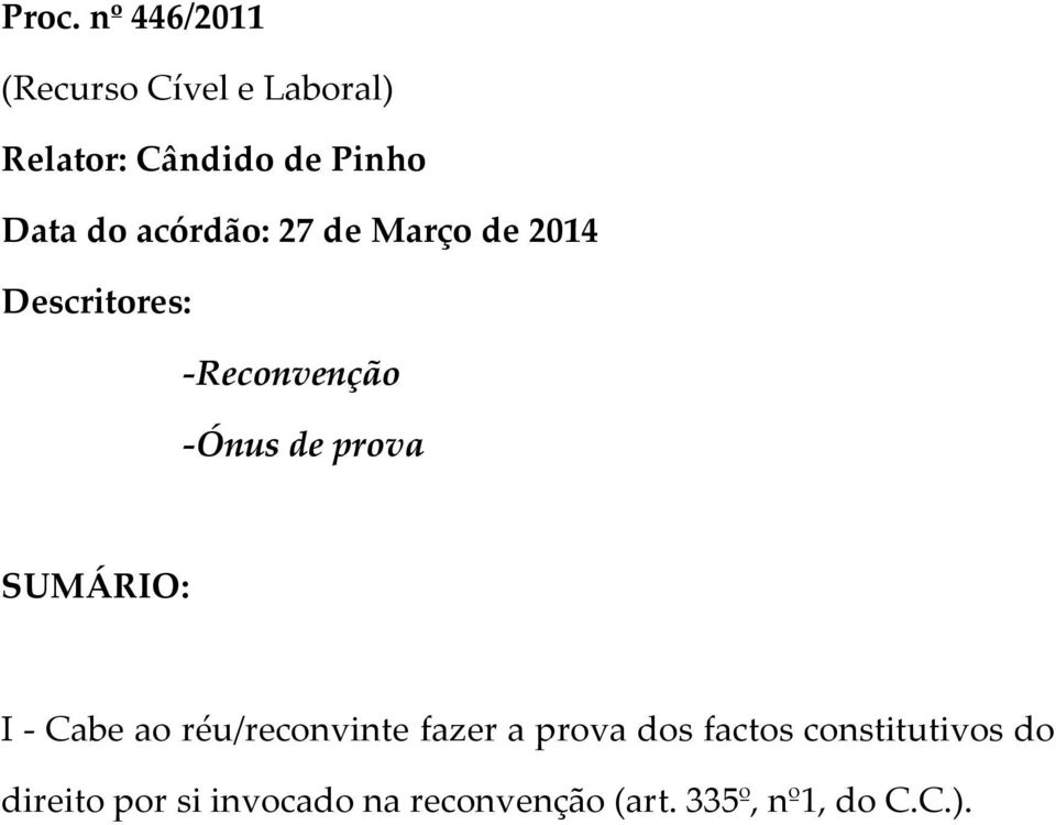 prova SUMÁ RIO: I - Cabe ao réu/reconvinte fazer a prova dos factos