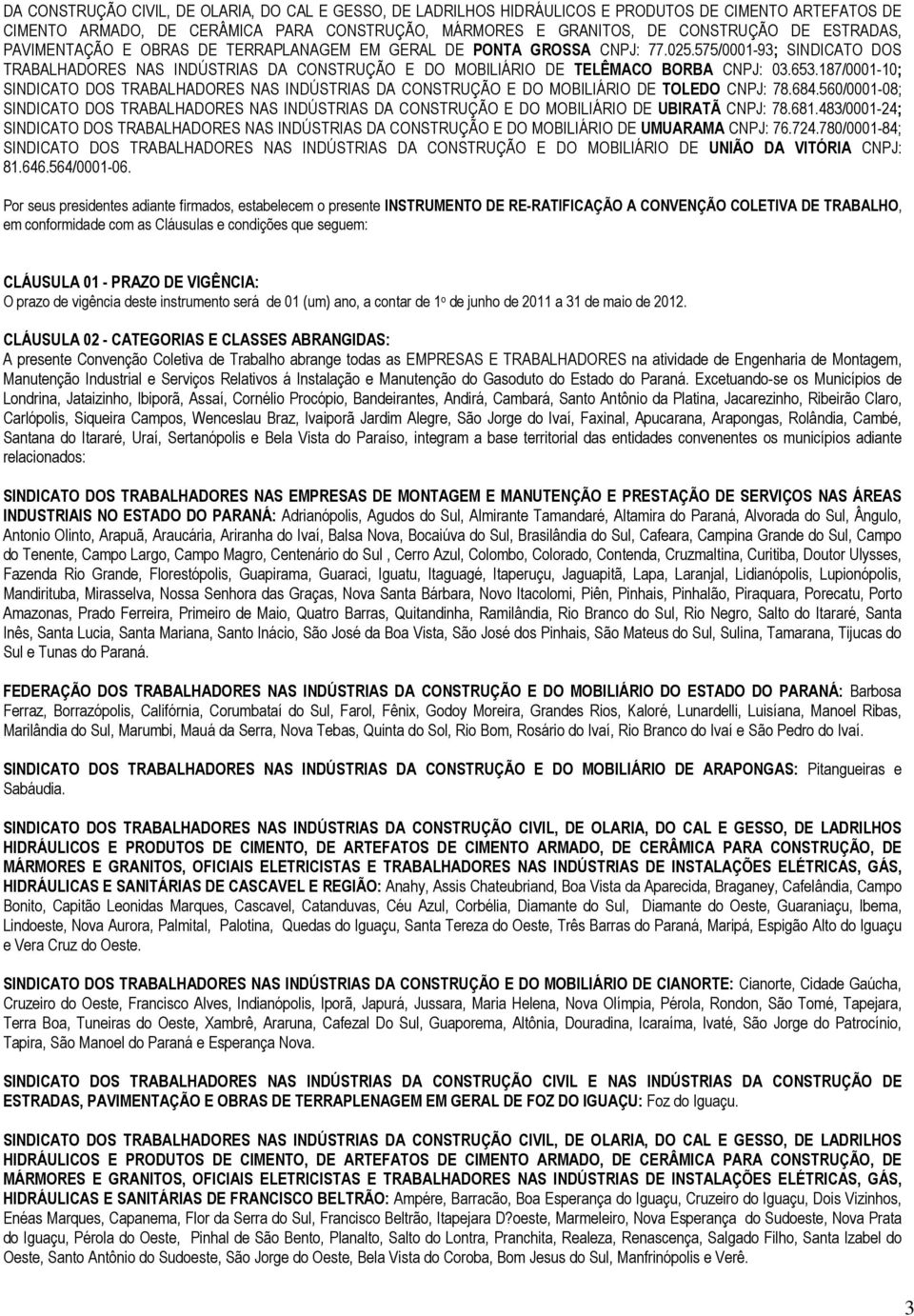 653.187/0001-10; SINDICATO DOS TRABALHADORES NAS INDÚSTRIAS DA CONSTRUÇÃO E DO MOBILIÁRIO DE TOLEDO CNPJ: 78.684.