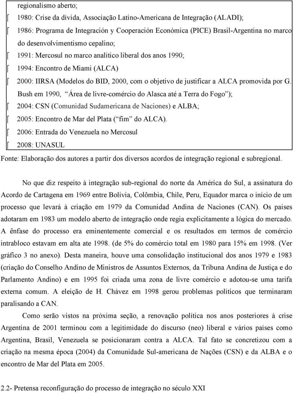 por G. Bush em 1990, Área de livre-comércio do Alasca até a Terra do Fogo ); 2004: CSN (Comunidad Sudamericana de Naciones) e ALBA; 2005: Encontro de Mar del Plata ( fim do ALCA).