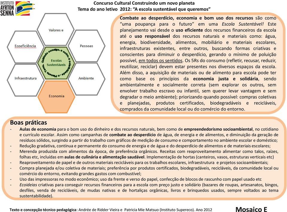 materiais escolares, infraestruturas existentes, entre outros, buscando formas criativas e conscientes para diminuir o desperdício, gerando o mínimo de poluição possível, em todos os sentidos.