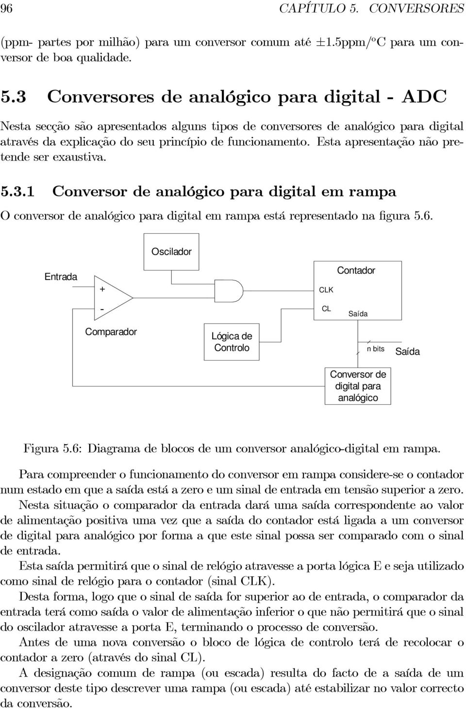 Oscilador Entrada Comparador CLK CL Contador Saída Lógica de Controlo n bits Saída Conversor de digital para analógico Figura 5.6: Diagrama de blocos de um conversor analógicodigital em rampa.