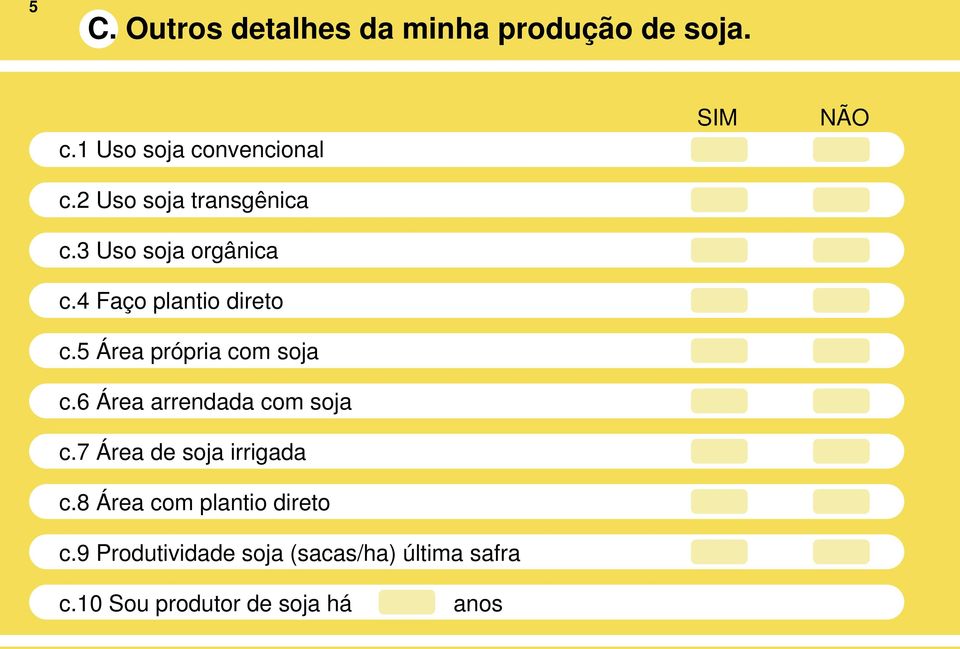 5 Área própria com soja c.6 Área arrendada com soja c.7 Área de soja irrigada c.