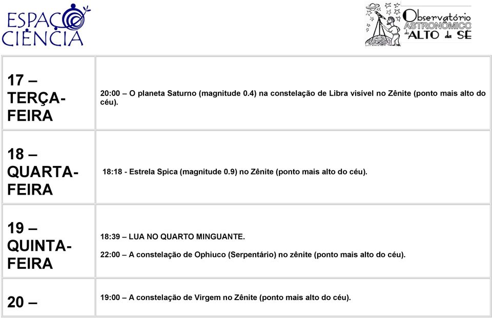 18:18 - Estrela Spica (magnitude 0.9) no Zênite (ponto mais alto do céu).