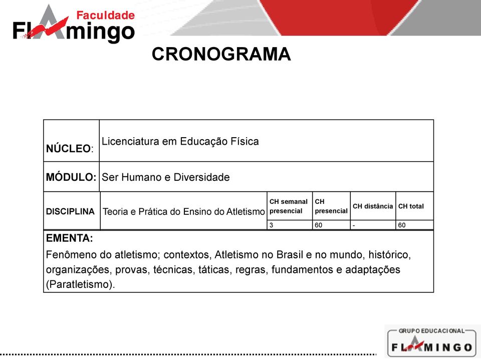 presencial CH distância CH total 3 60-60 Fenômeno do atletismo; contextos, Atletismo no