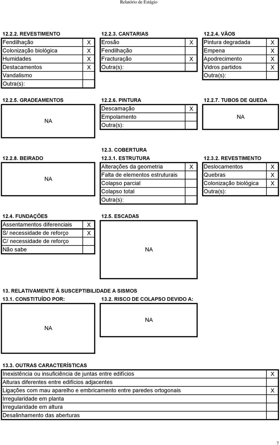 2.7. TUBOS DE QUEDA Descamação Empolamento 12.3. COBERTURA 12.2.8. BEIRADO 12.3.1. ESTRUTURA 12.3.2. REVESTIMENTO Alterações da geometria Deslocamentos Falta de elementos estruturais Quebras Colapso parcial Colonização biológica Colapso total 12.