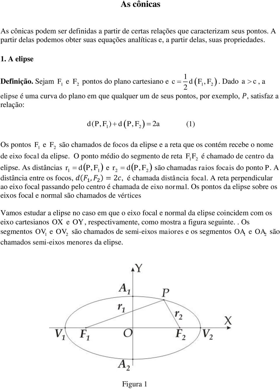 Dado a c, a elipse é uma curva do plano em que qualquer um de seus pontos, por exemplo,, satisfaz a relação: d( P, F ) d P, F a () Os pontos F e F são chamados de focos da elipse e a reta que os