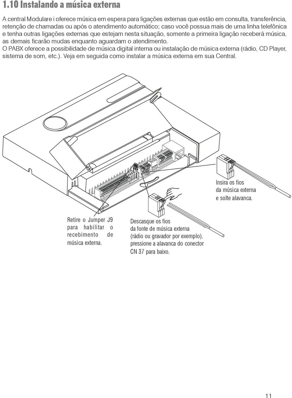 atendimento. O PABX oferece a possibilidade de música digital interna ou instalação de música externa (rádio, CD Player, sistema de som, etc.).