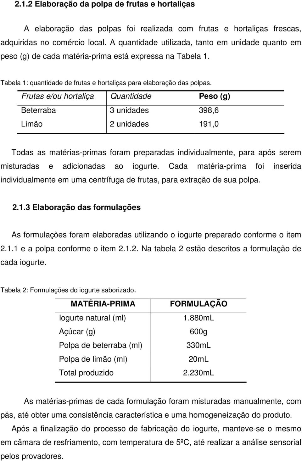 Frutas e/ou hortaliça Quantidade Peso (g) Beterraba 3 unidades 398,6 Limão 2 unidades 191,0 Todas as matérias-primas foram preparadas individualmente, para após serem misturadas e adicionadas ao