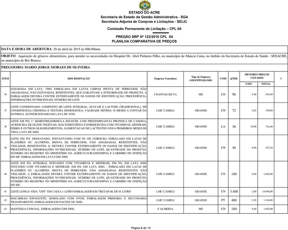 DE CONSISTENCIA CREMOSA E TESTURA HOMOGENEA; VALIDADE MINIMA 10 MESES A CONTAR DA ENTREGA ACONDICIONADO EM LATA DE 395G.