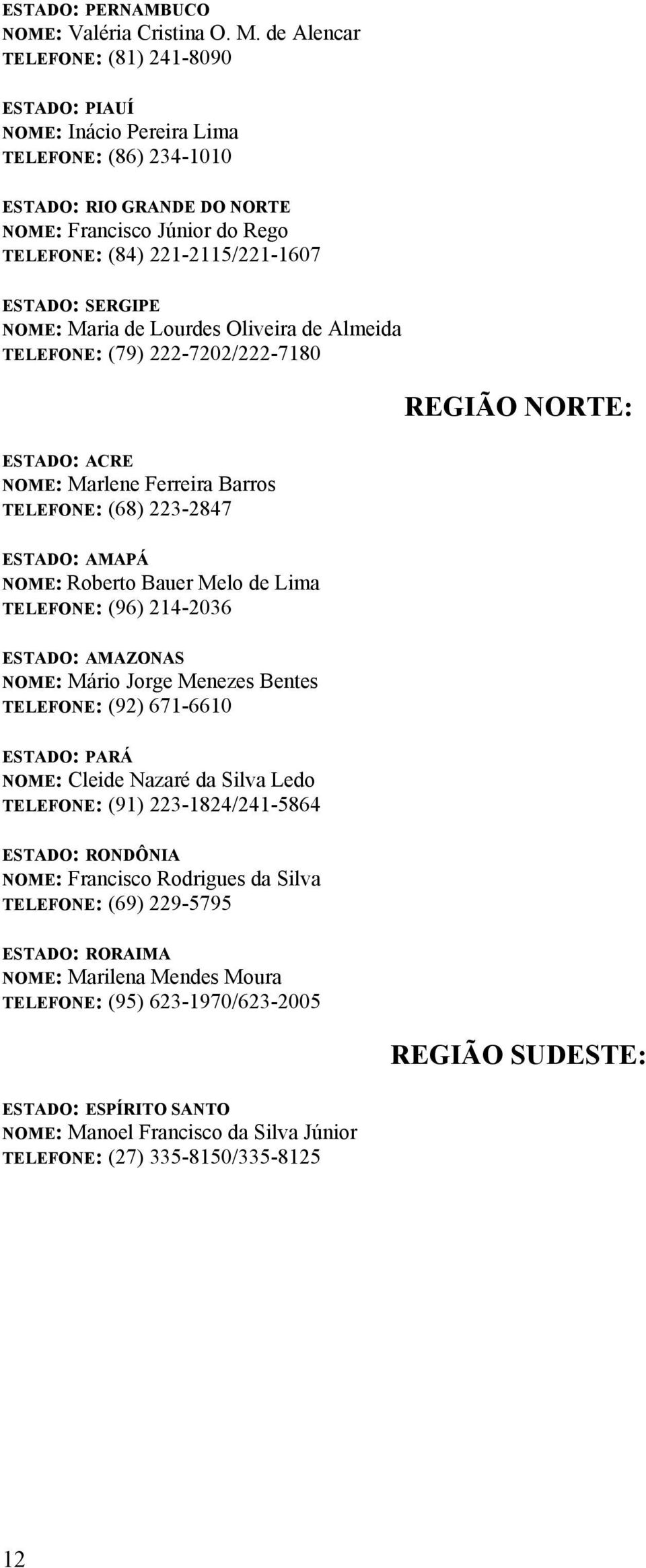 SERGIPE NOME: Maria de Lourdes Oliveira de Almeida TELEFONE: (79) 222-7202/222-7180 ESTADO: ACRE NOME: Marlene Ferreira Barros TELEFONE: (68) 223-2847 ESTADO: AMAPÁ NOME: Roberto Bauer Melo de Lima