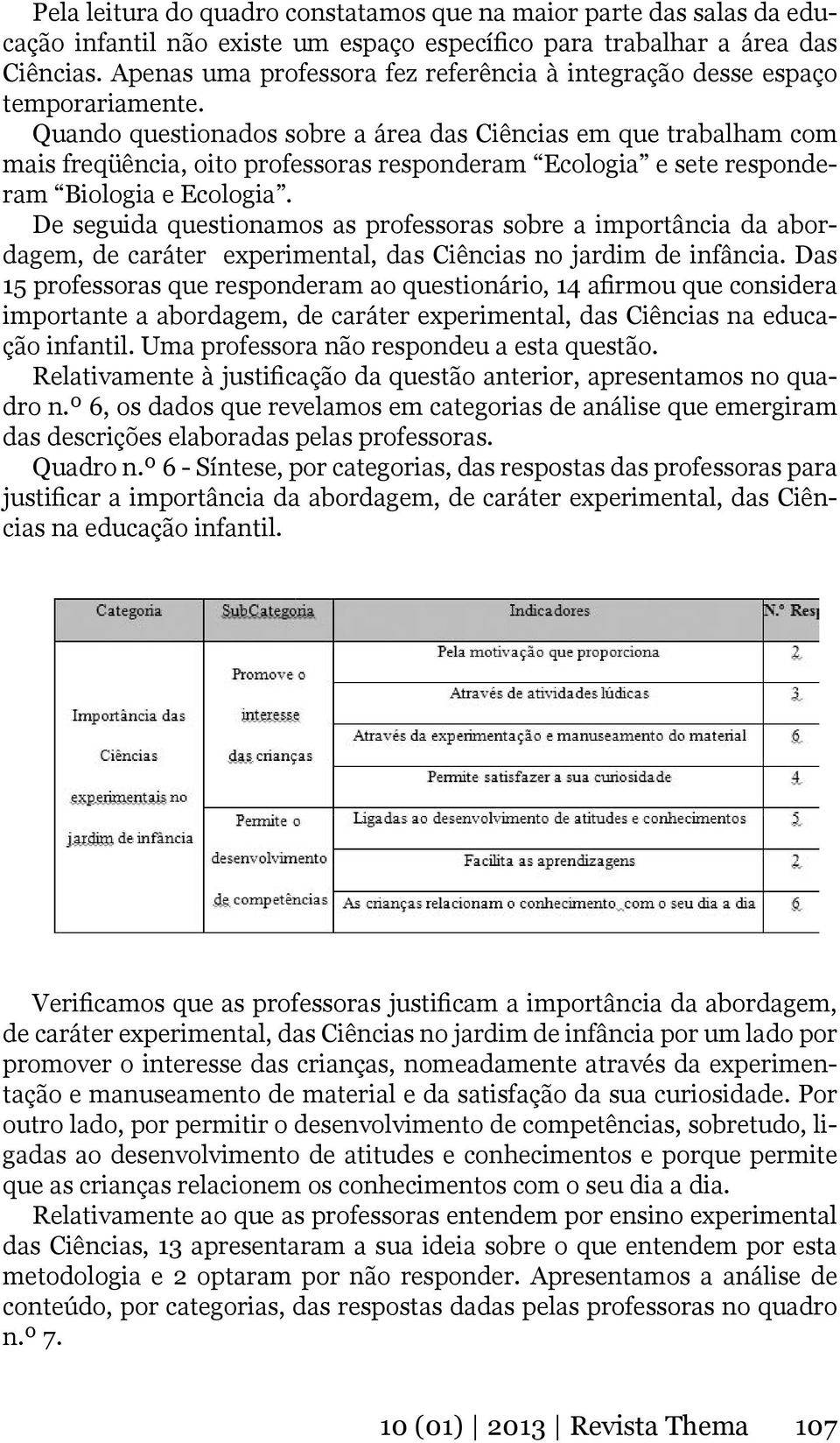 Quando questionados sobre a área das Ciências em que trabalham com mais freqüência, oito professoras responderam Ecologia e sete responderam Biologia e Ecologia.