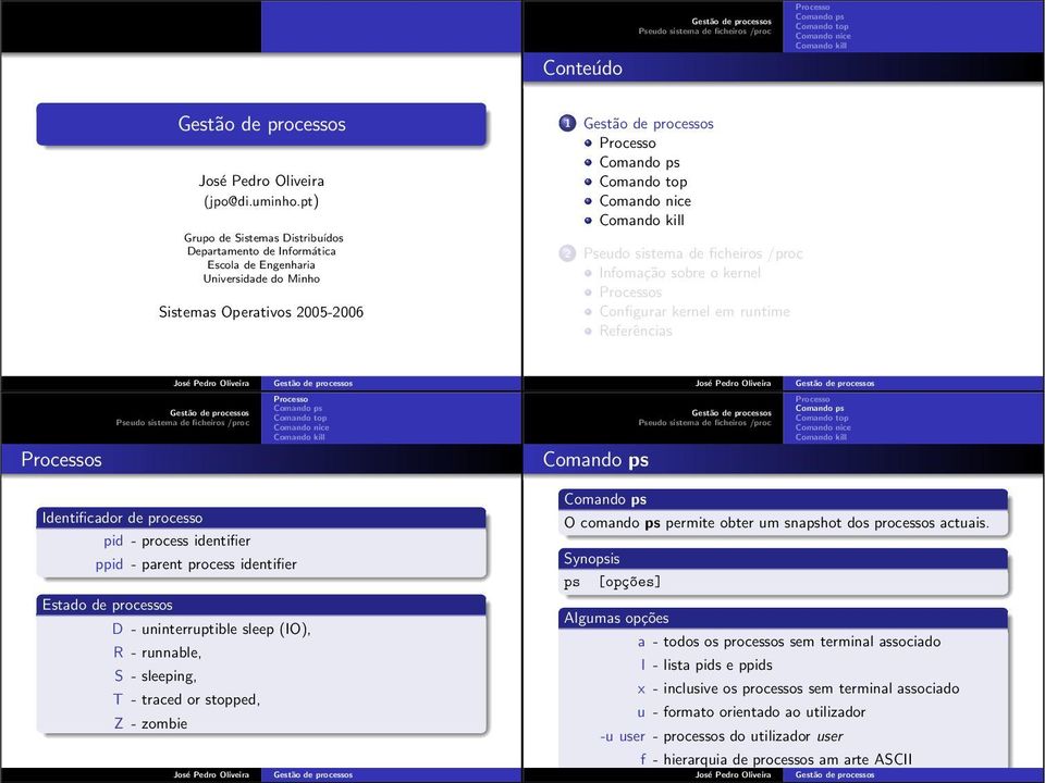 pid - process identifier ppid - parent process identifier Estado de processos D - uninterruptible sleep (IO), R - runnable, S - sleeping, T - traced or stopped, Z - zombie