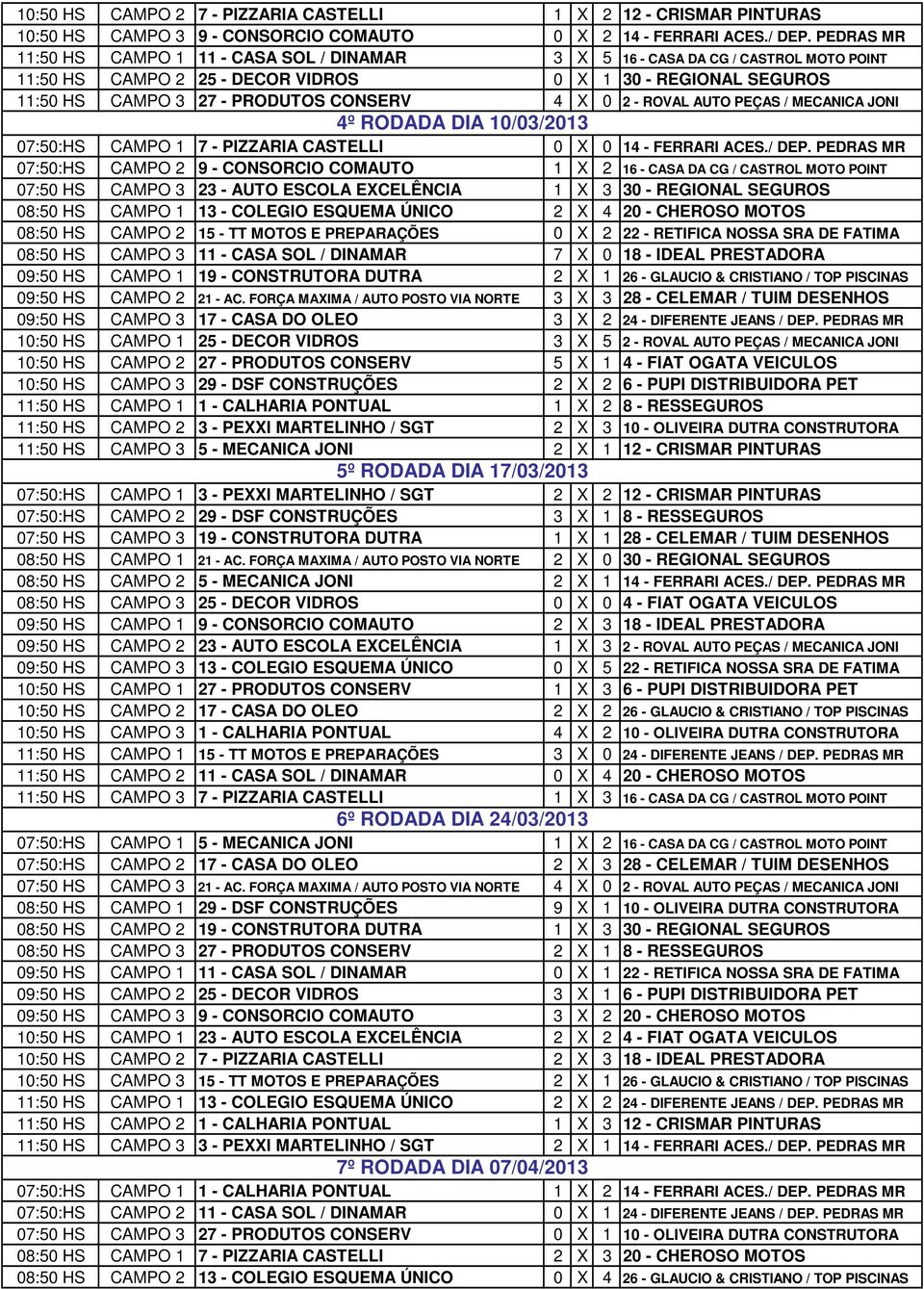 0 2 - ROVAL AUTO PEÇAS / MECANICA JONI 4º RODADA DIA 10/03/2013 07:50:HS CAMPO 1 7 - PIZZARIA CASTELLI 0 X 0 14 - FERRARI ACES./ DEP.