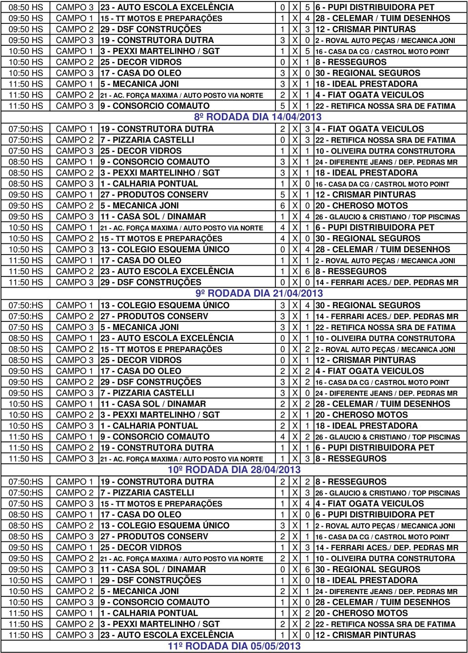 HS CAMPO 2 25 - DECOR VIDROS 0 X 1 8 - RESSEGUROS 10:50 HS CAMPO 3 17 - CASA DO OLEO 3 X 0 30 - REGIONAL SEGUROS 11:50 HS CAMPO 1 5 - MECANICA JONI 3 X 1 18 - IDEAL PRESTADORA 11:50 HS CAMPO 2 21 -