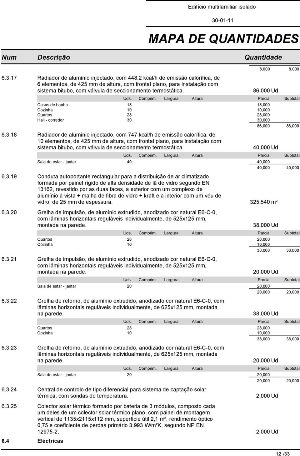 30,000 86,000 86,000 6.3.18 Radiador de alumínio injectado, com 747 kcal/h de emissão calorífica, de 10 elementos, de 425 mm de altura, com frontal plano, para instalação com sistema bitubo, com