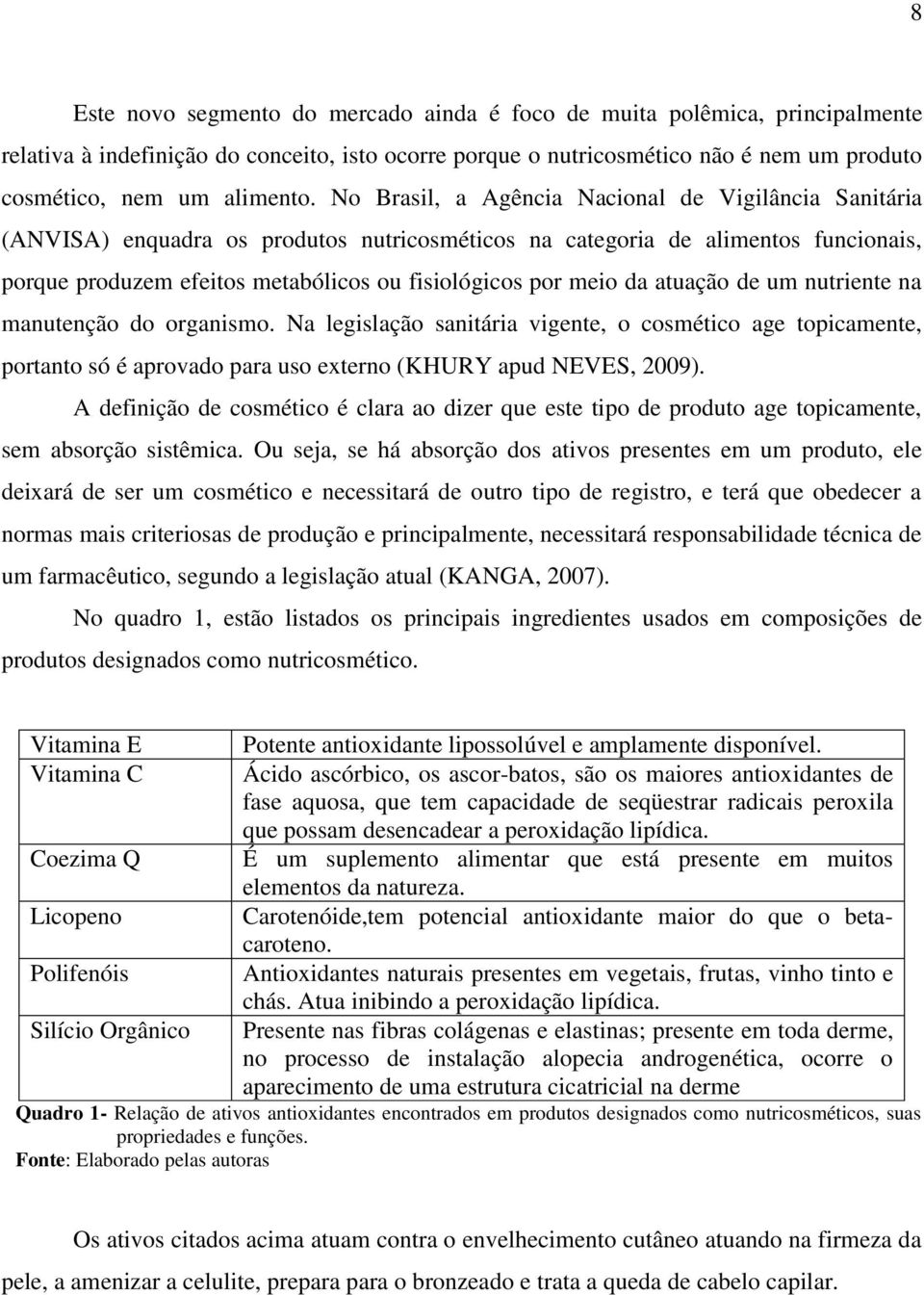 da atuação de um nutriente na manutenção do organismo. Na legislação sanitária vigente, o cosmético age topicamente, portanto só é aprovado para uso externo (KHURY apud NEVES, 2009).