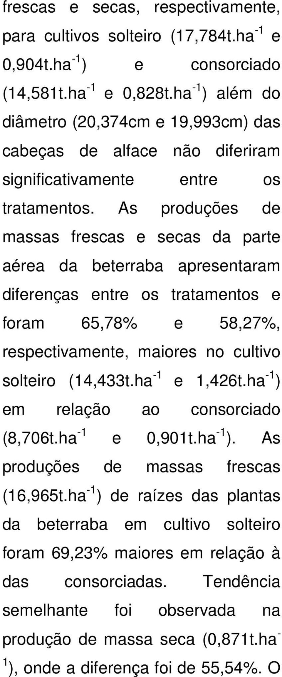 As produções de massas frescas e secas da parte aérea da beterraba apresentaram diferenças entre os tratamentos e foram 65,78% e 58,27%, respectivamente, maiores no cultivo solteiro (14,433t.